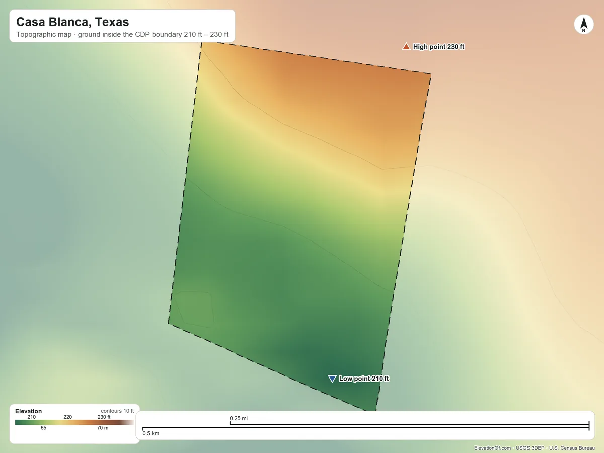 Topographic elevation map of Casa Blanca, Texas, shaded from 210 ft on the south side to 230 ft on the northeast side