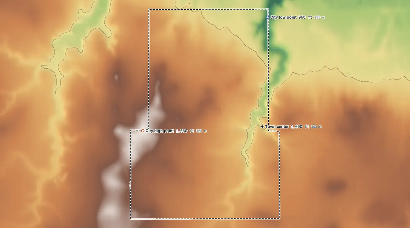 Topographic elevation map of Cashion Community, Texas, shaded from 960 ft on the north side to 1,060 ft on the west side