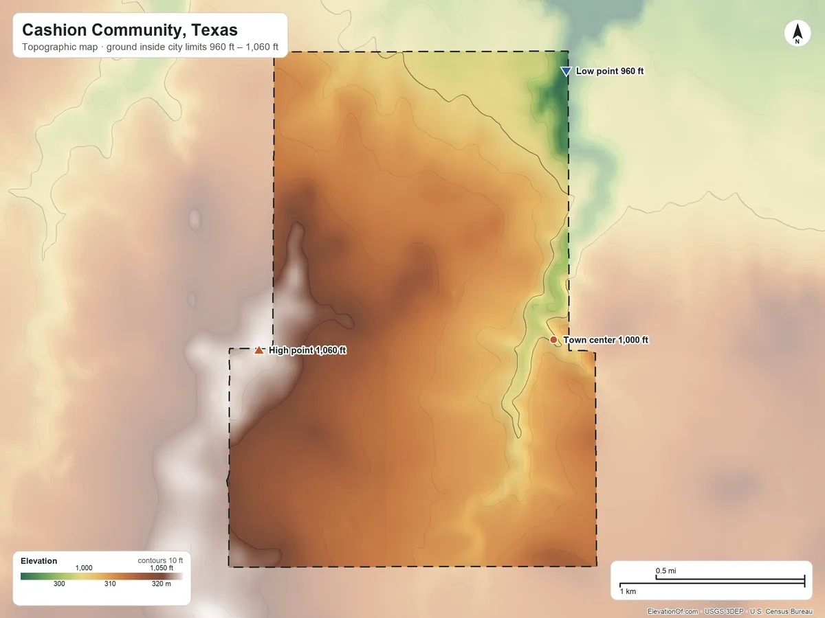 Topographic elevation map of Cashion Community, Texas, shaded from 960 ft on the north side to 1,060 ft on the west side