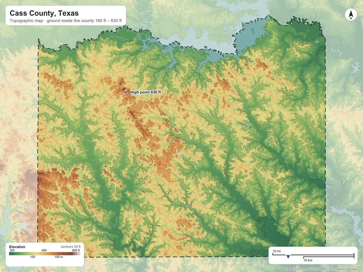 Topographic elevation map of Cass County, Texas, shaded from 180 ft on the southeast side to 630 ft on Cusseta Mountains