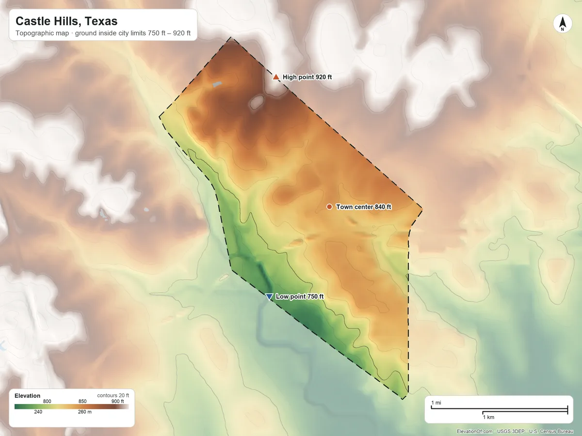Topographic elevation map of Castle Hills, Texas, shaded from 750 ft on the southwest side to 920 ft on the north side