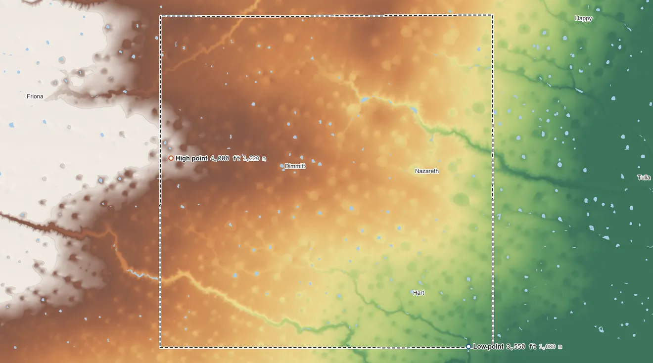 Topographic elevation map of Castro County, Texas, shaded from 3,550 ft on the southeast side to 4,000 ft on the west side
