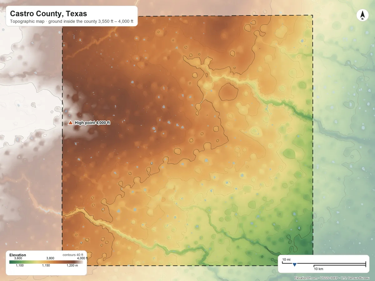 Topographic elevation map of Castro County, Texas, shaded from 3,550 ft on the southeast side to 4,000 ft on the west side