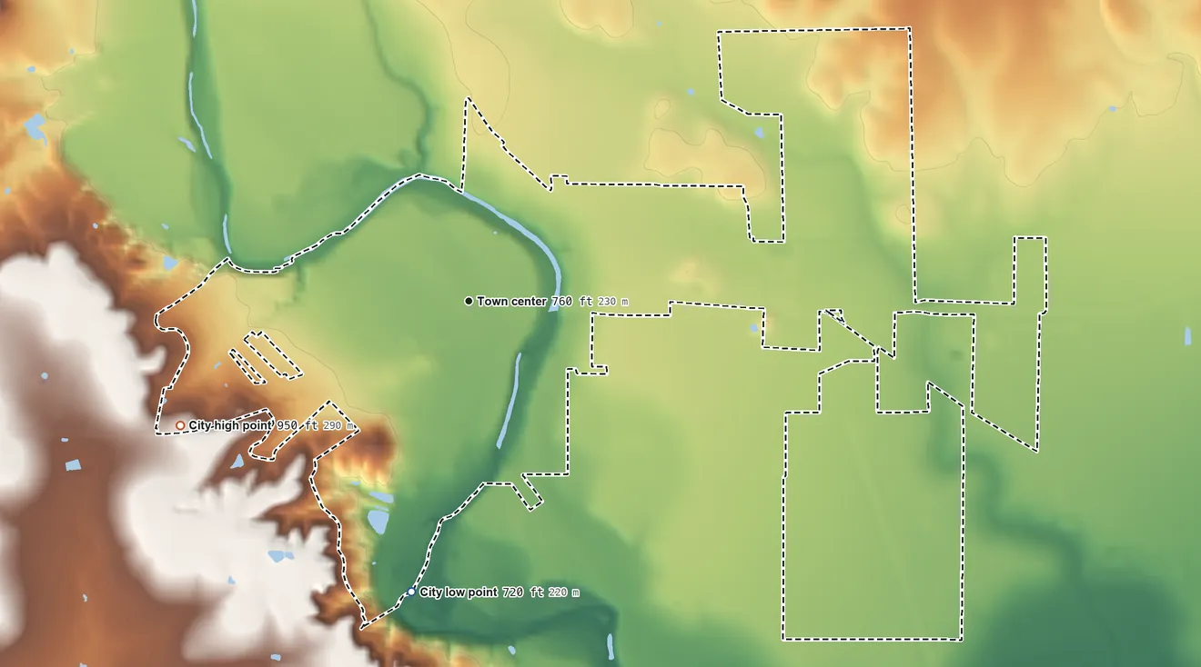 Topographic elevation map of Castroville, Texas, shaded from 720 ft on the south side to 950 ft on the southwest side