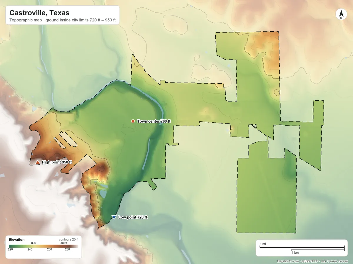 Topographic elevation map of Castroville, Texas, shaded from 720 ft on the south side to 950 ft on the southwest side