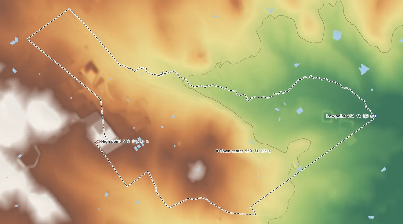 Topographic elevation map of Catarina, Texas, shaded from 460 ft on the east side to 580 ft on the west side