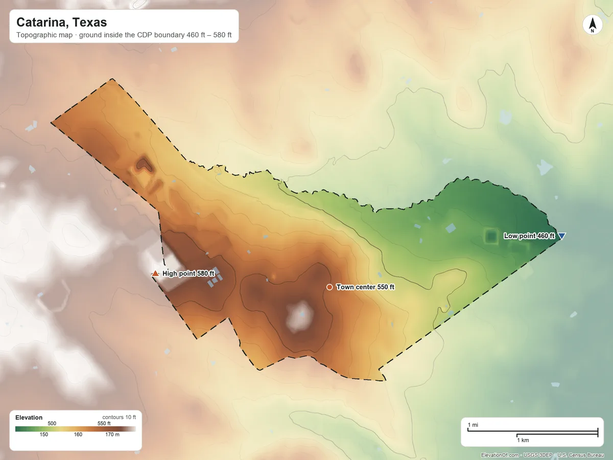 Topographic elevation map of Catarina, Texas, shaded from 460 ft on the east side to 580 ft on the west side