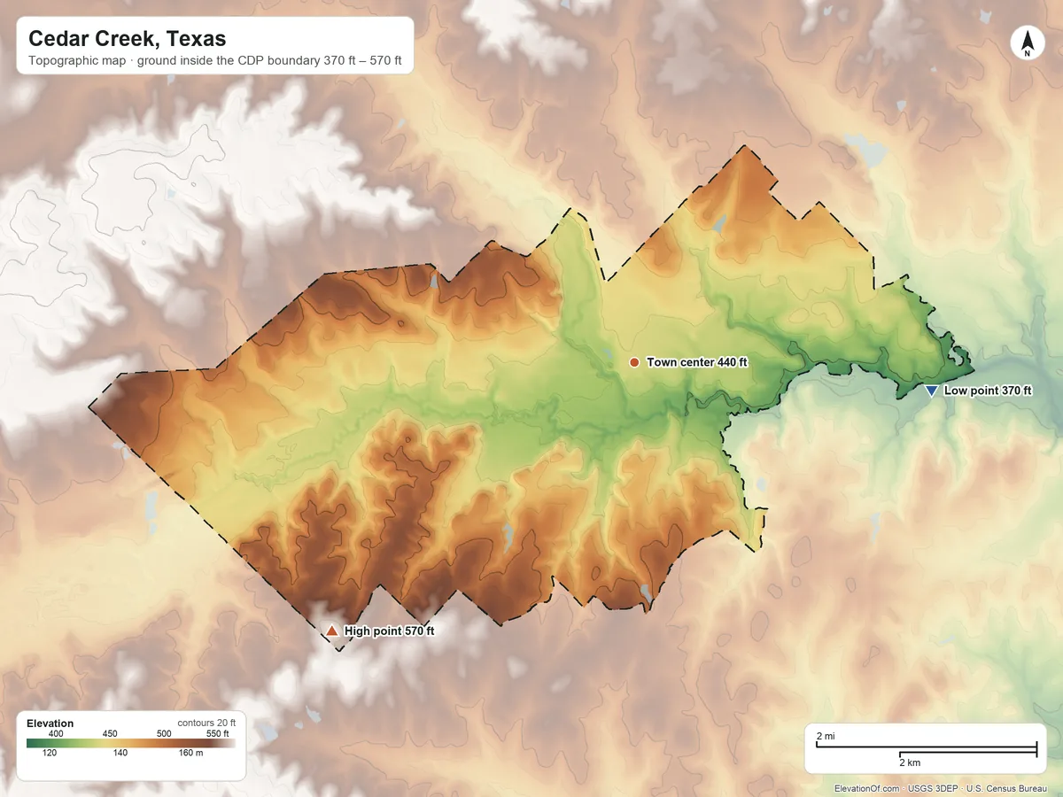 Topographic elevation map of Cedar Creek, Texas, shaded from 370 ft on the east side to 570 ft on the southwest side