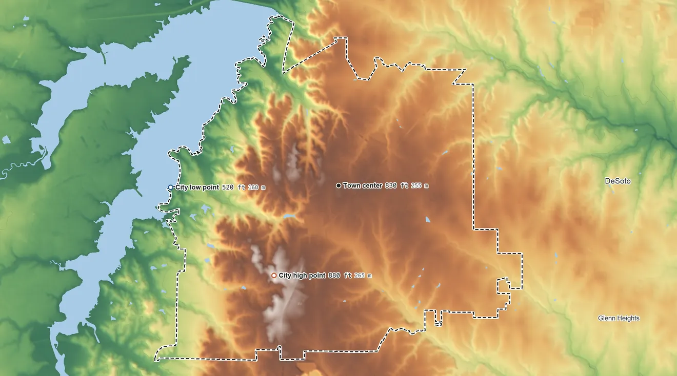 Topographic elevation map of Cedar Hill, Texas, shaded from 520 ft on the west side to 880 ft on the southwest side