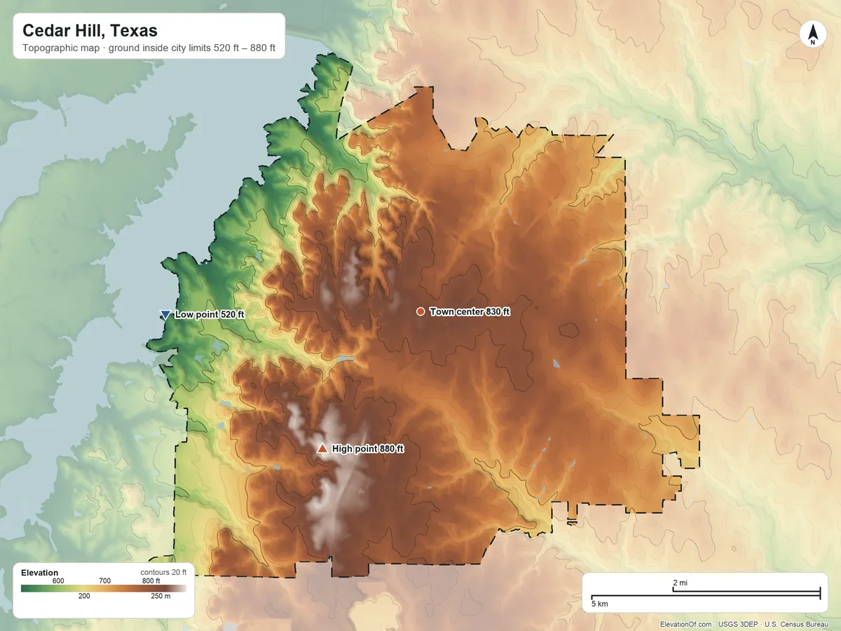 Topographic elevation map of Cedar Hill, Texas, shaded from 520 ft on the west side to 880 ft on the southwest side