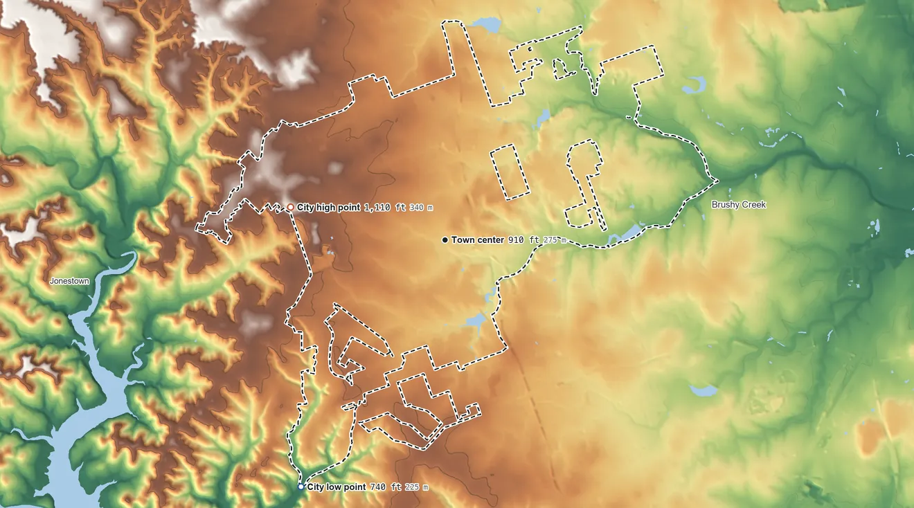 Topographic elevation map of Cedar Park, Texas, shaded from 740 ft on the southwest side to 1,110 ft on the west side