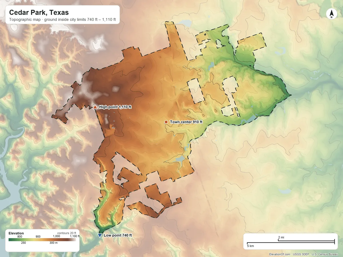 Topographic elevation map of Cedar Park, Texas, shaded from 740 ft on the southwest side to 1,110 ft on the west side