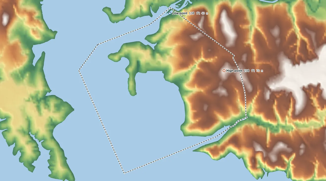 Topographic elevation map of Cedar Point, Texas, shaded from 130 ft on the northwest side to 230 ft on the east side