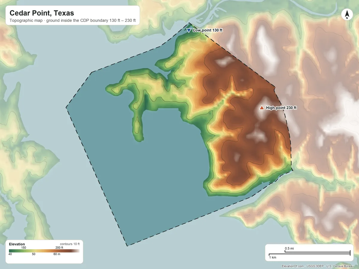 Topographic elevation map of Cedar Point, Texas, shaded from 130 ft on the northwest side to 230 ft on the east side