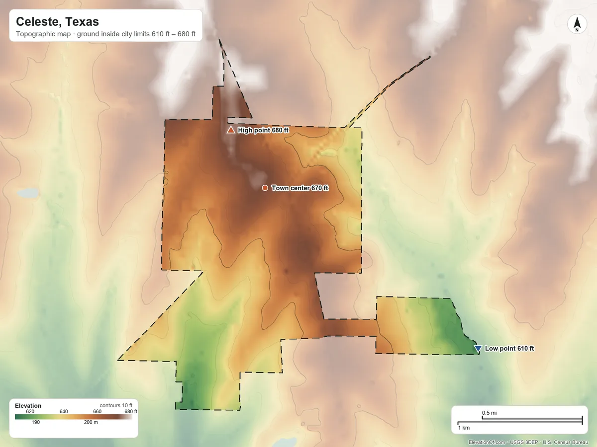 Topographic elevation map of Celeste, Texas, shaded from 610 ft on the southeast side to 680 ft on the northwest side