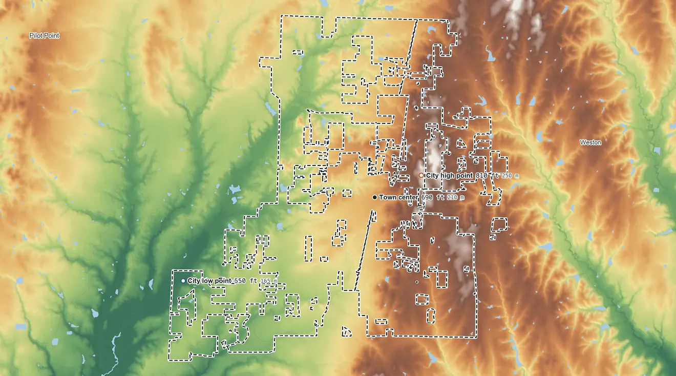 Topographic elevation map of Celina, Texas, shaded from 550 ft on the southwest side to 810 ft on the northeast side