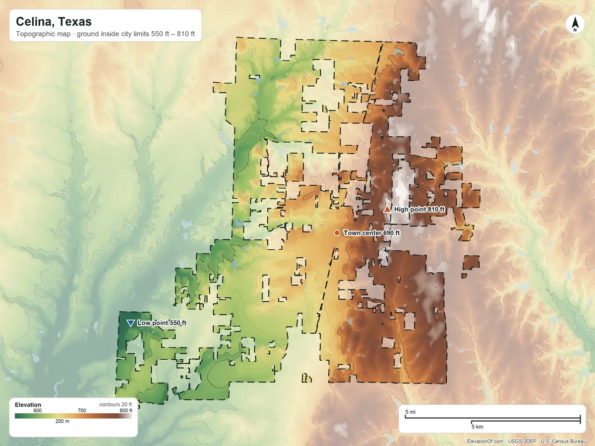 Topographic elevation map of Celina, Texas, shaded from 550 ft on the southwest side to 810 ft on the northeast side