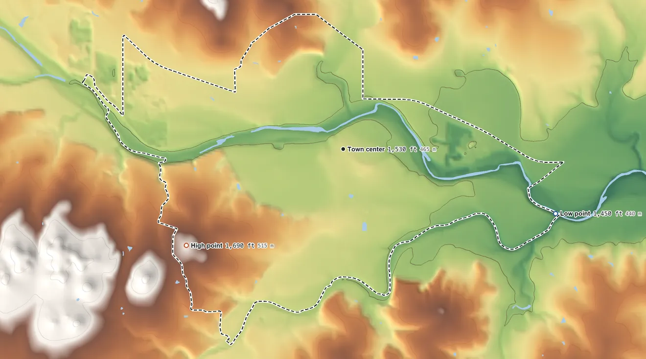 Topographic elevation map of Center Point, Texas, shaded from 1,450 ft on the east side to 1,690 ft on the southwest side