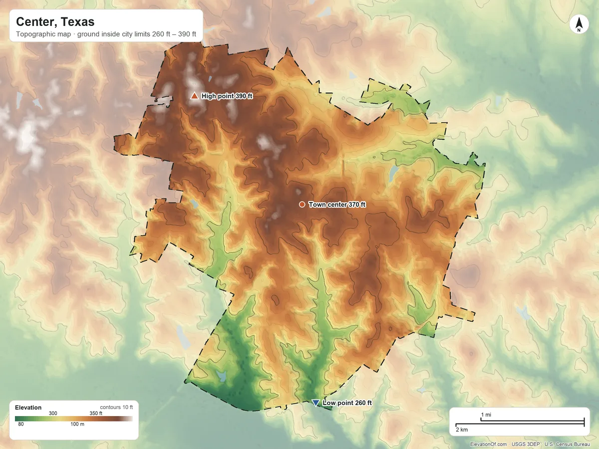 Topographic elevation map of Center, Texas, shaded from 260 ft on the south side to 390 ft on the northwest side