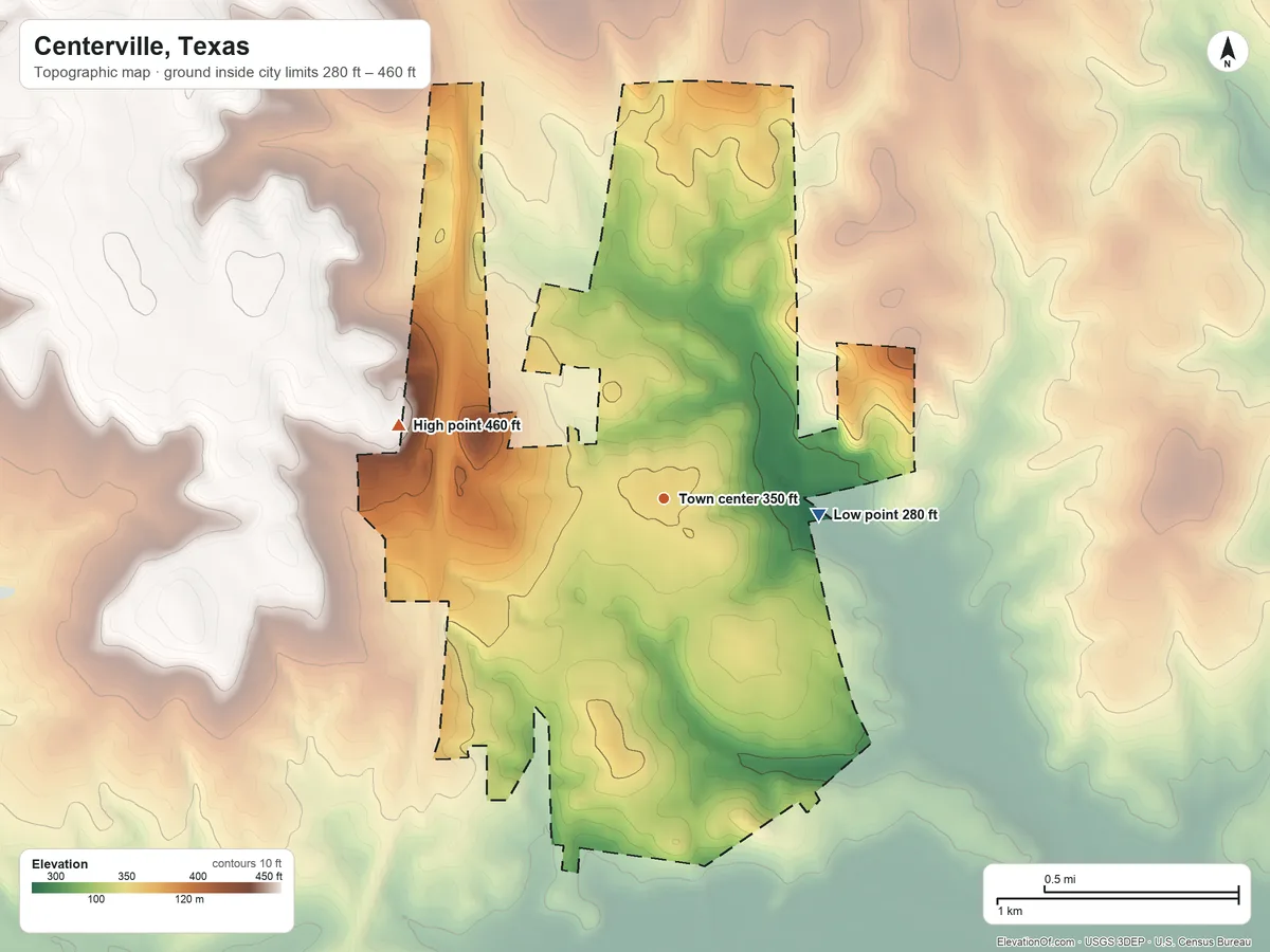 Topographic elevation map of Centerville, Texas, shaded from 280 ft on the east side to 460 ft on the west side