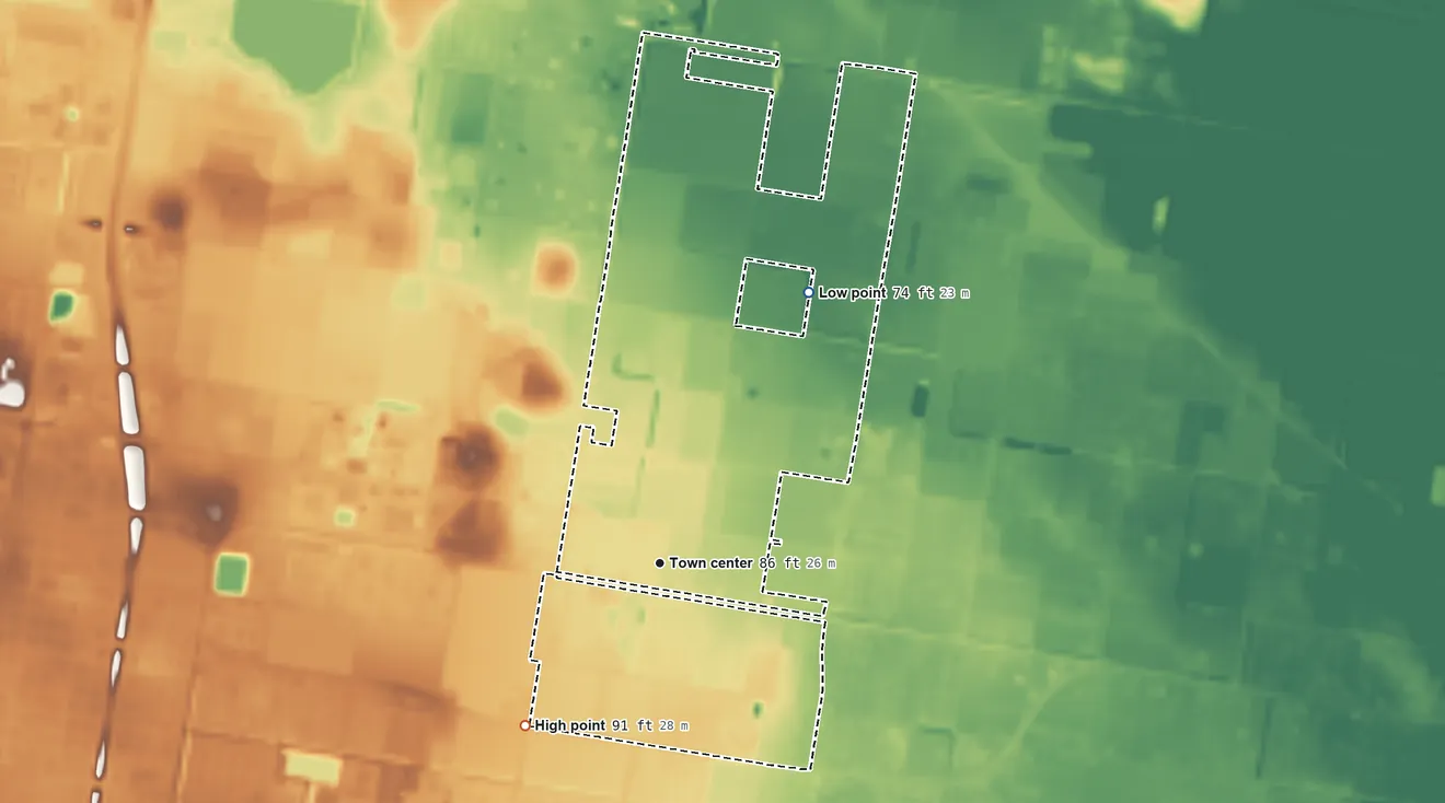 Topographic elevation map of César Chávez, Texas, shaded from 74 ft on the northeast side to 91 ft on the southwest side