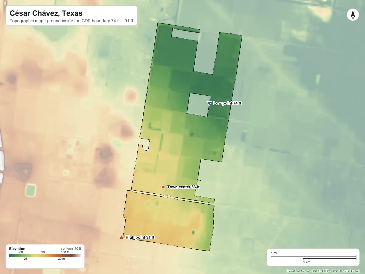 Topographic elevation map of César Chávez, Texas, shaded from 74 ft on the northeast side to 91 ft on the southwest side