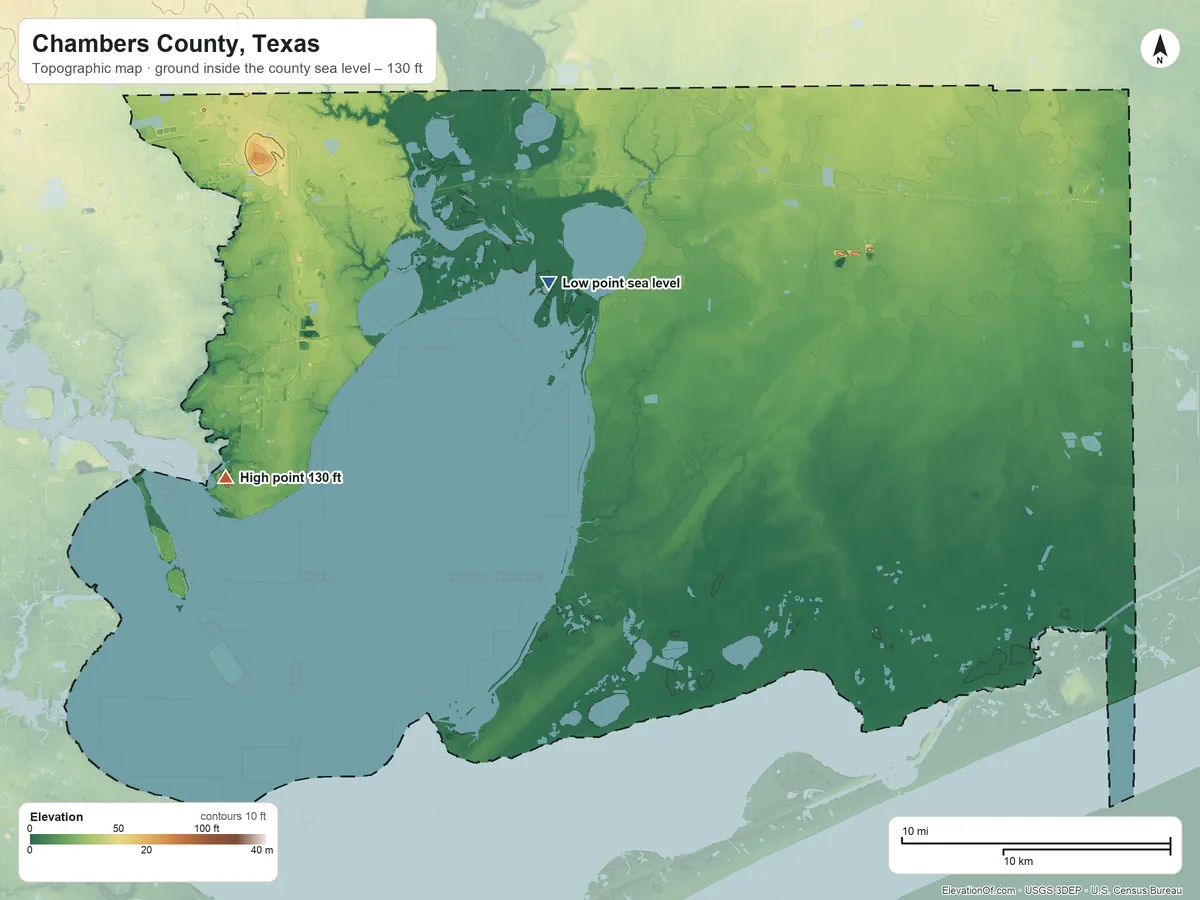 Topographic elevation map of Chambers County, Texas, shaded from sea level on Trinity Bay to 130 ft on the west side