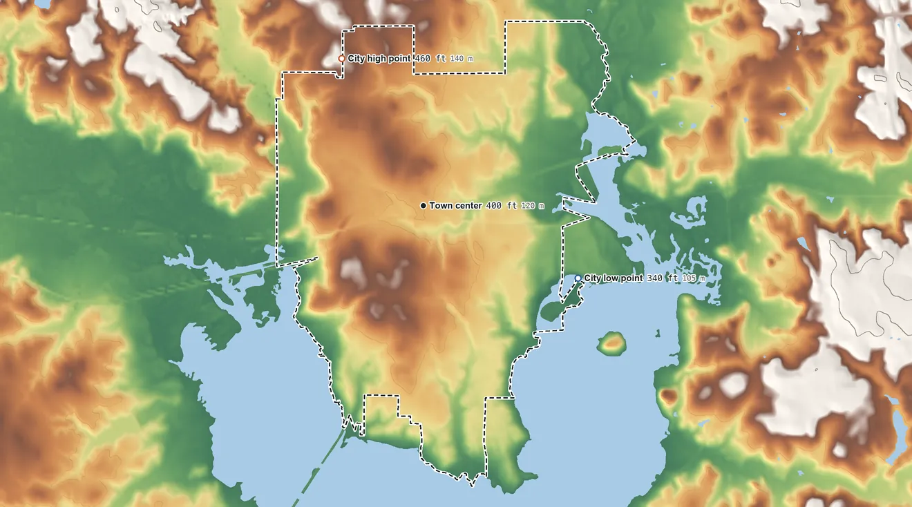 Topographic elevation map of Chandler, Texas, shaded from 340 ft on the southeast side to 460 ft on the northwest side