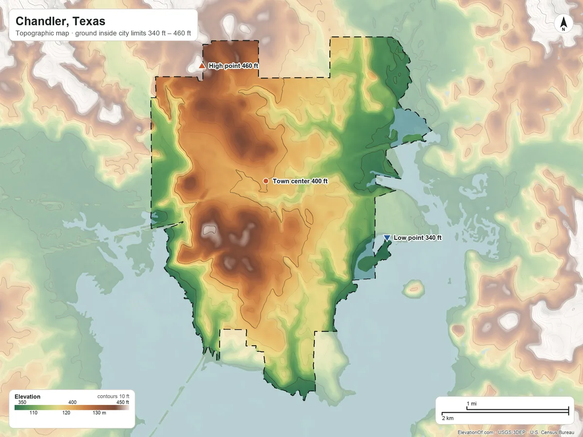 Topographic elevation map of Chandler, Texas, shaded from 340 ft on the southeast side to 460 ft on the northwest side