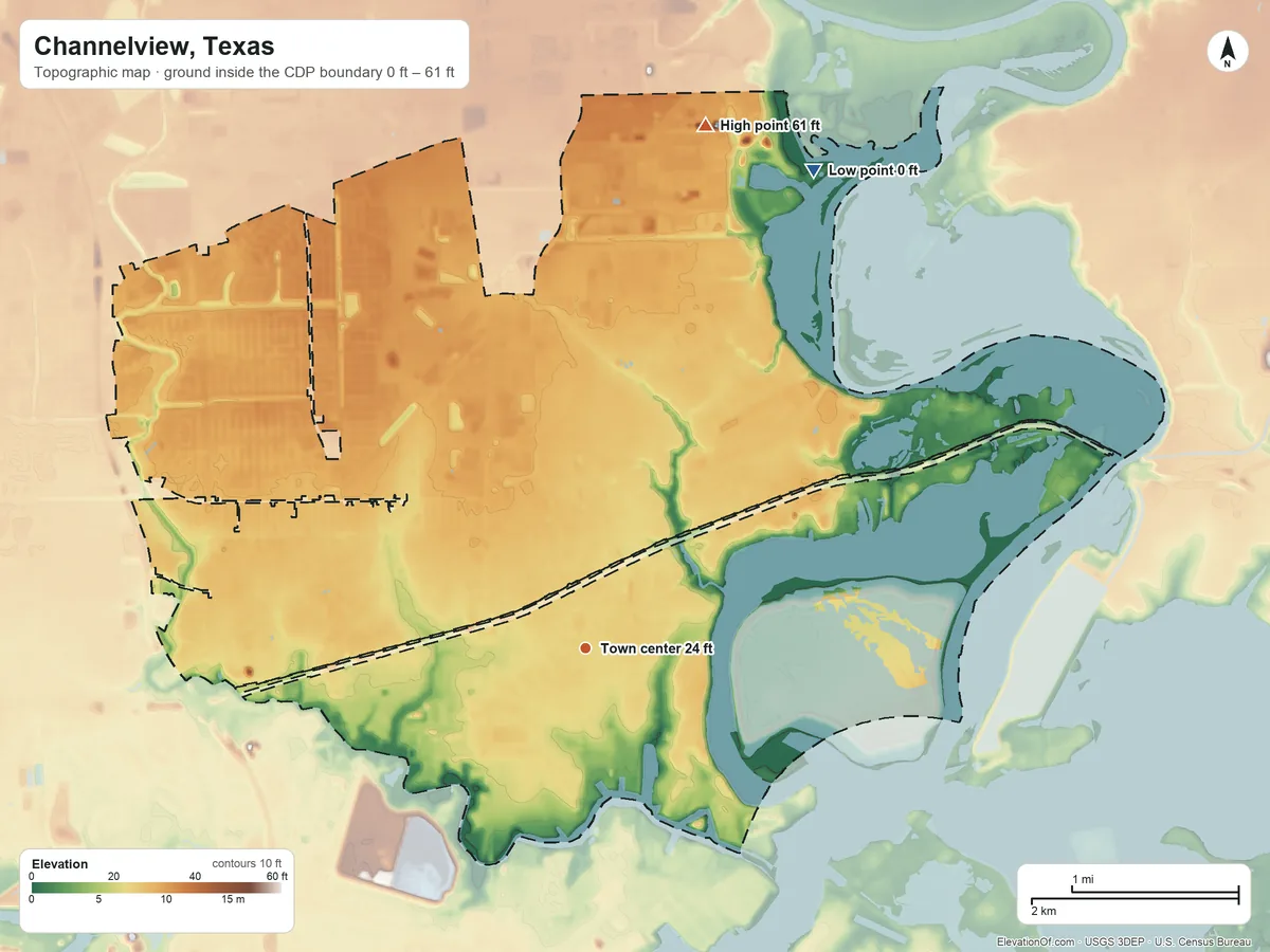 Topographic elevation map of Channelview, Texas, shaded from 0 ft on the northeast side to 61 ft on the north side