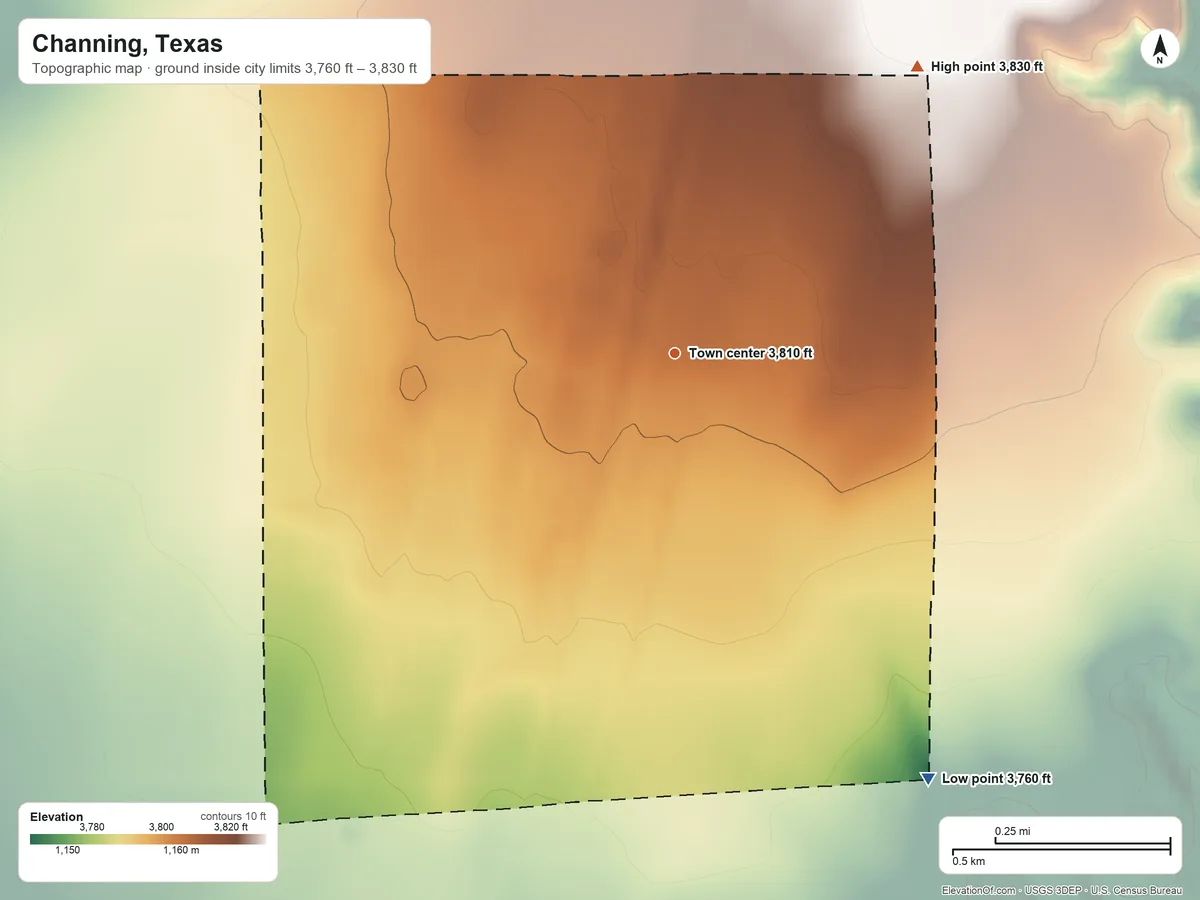 Topographic elevation map of Channing, Texas, shaded from 3,760 ft on the southeast side to 3,830 ft on the northeast side