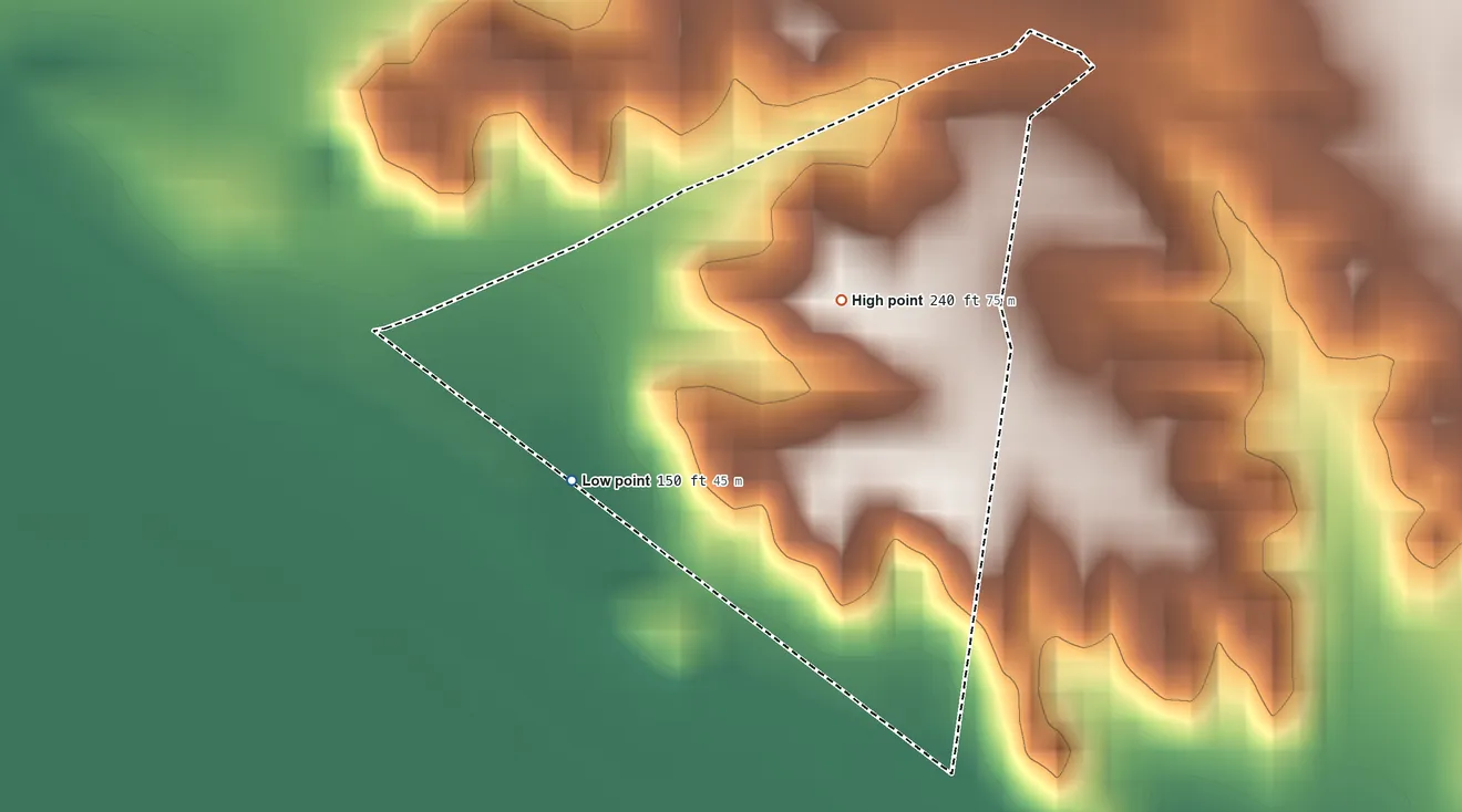 Topographic elevation map of Chaparrito, Texas, shaded from 150 ft on the southwest side to 240 ft near the middle