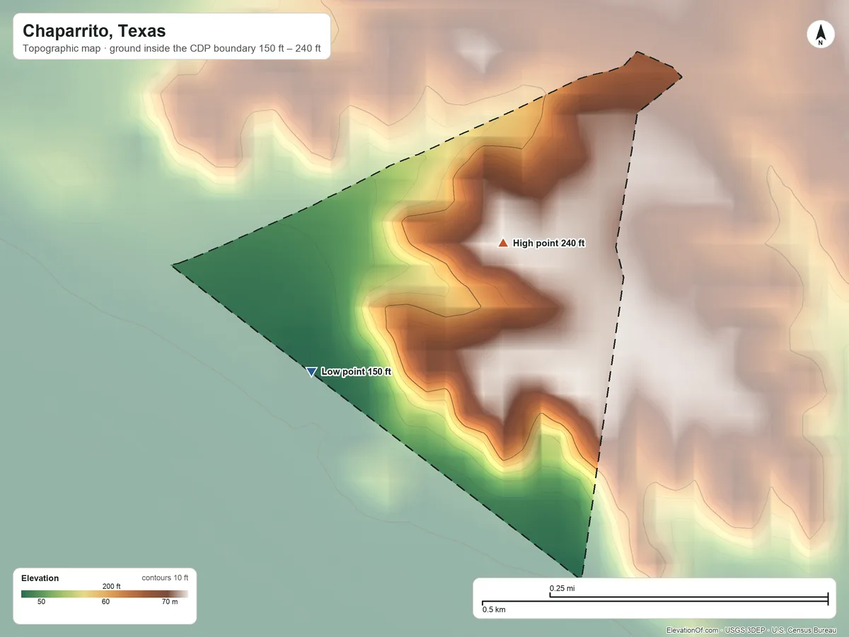Topographic elevation map of Chaparrito, Texas, shaded from 150 ft on the southwest side to 240 ft near the middle