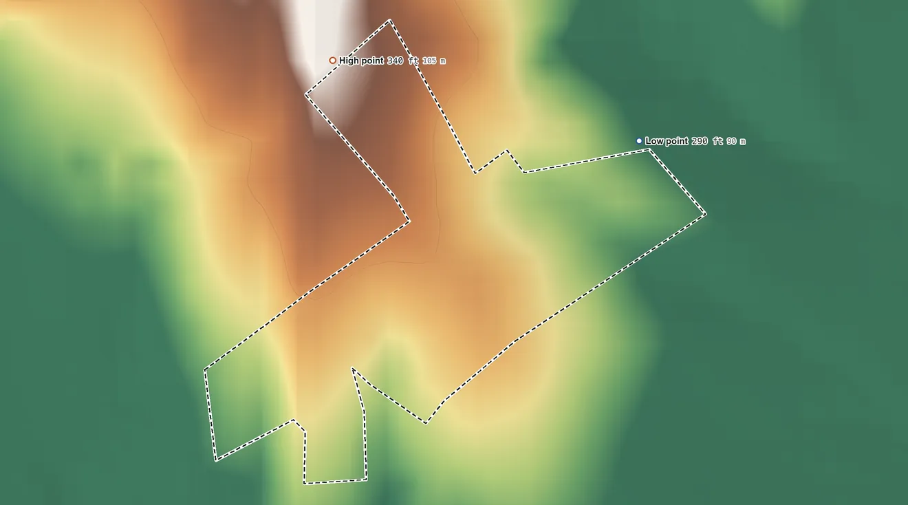 Topographic elevation map of Chapeno, Texas, shaded from 290 ft on the northeast side to 340 ft on the northwest side