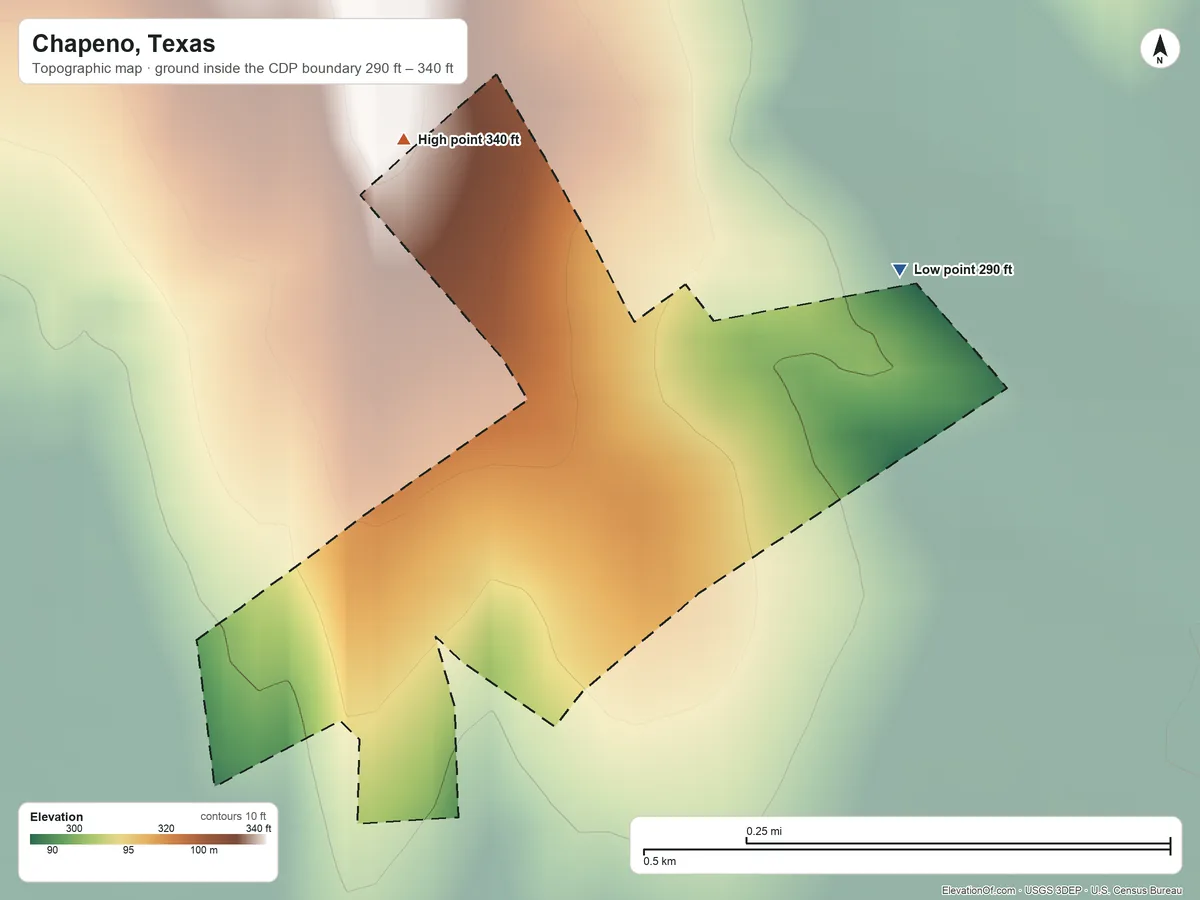 Topographic elevation map of Chapeno, Texas, shaded from 290 ft on the northeast side to 340 ft on the northwest side