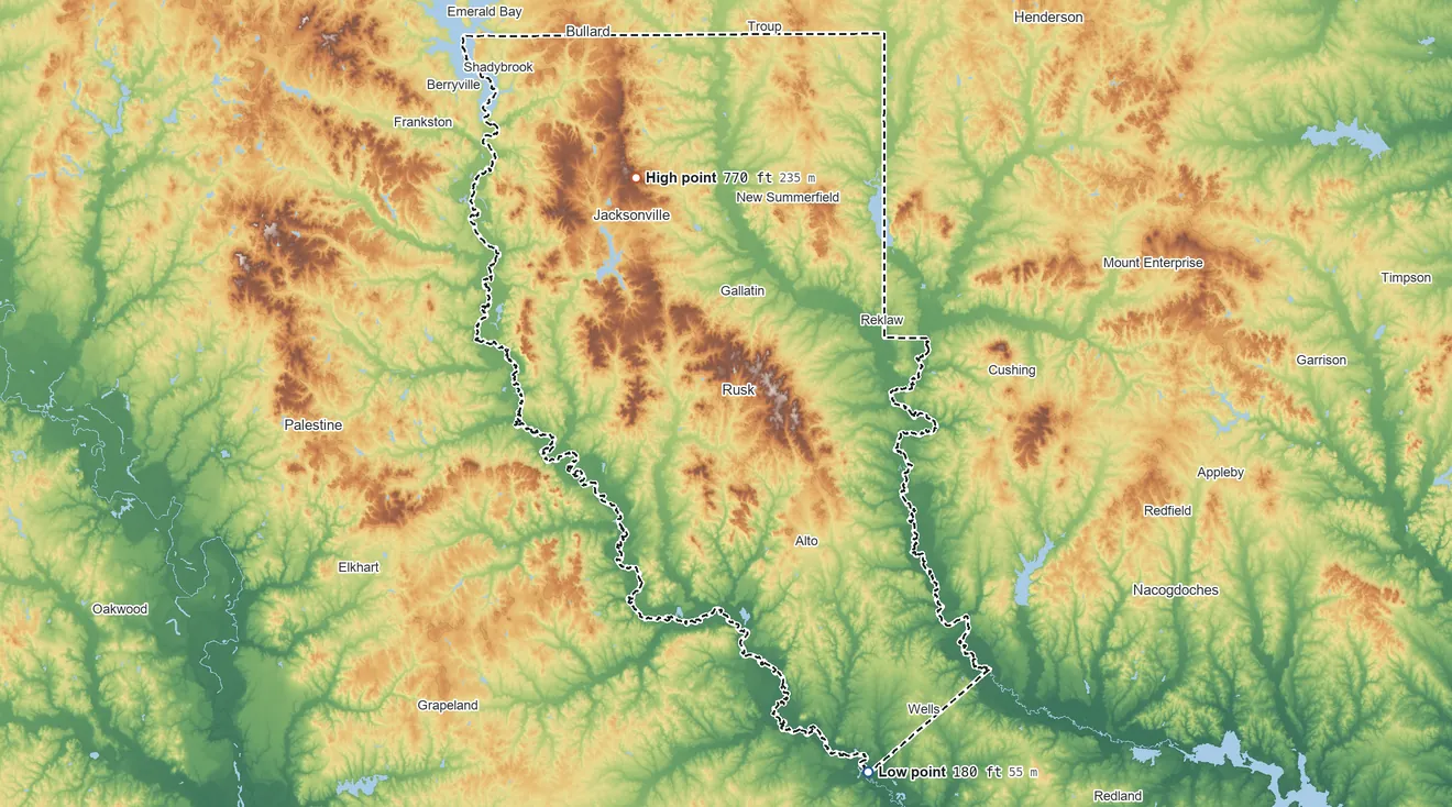 Topographic elevation map of Cherokee County, Texas, shaded from 180 ft on the south side to 770 ft on the north side