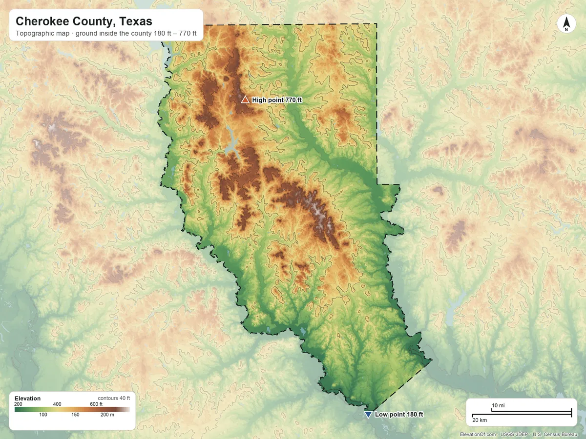 Topographic elevation map of Cherokee County, Texas, shaded from 180 ft on the south side to 770 ft on the north side
