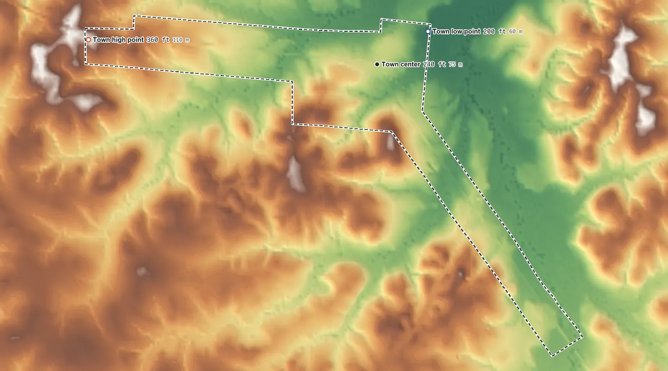 Topographic elevation map of Chester, Texas, shaded from 200 ft on the northeast side to 360 ft on the west side