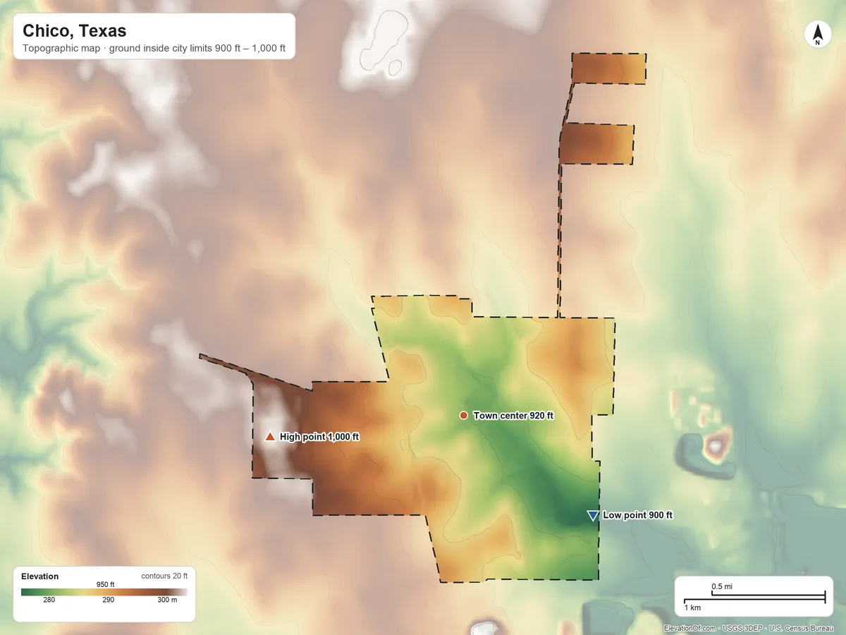 Topographic elevation map of Chico, Texas, shaded from 900 ft on the southeast side to 1,000 ft on the west side