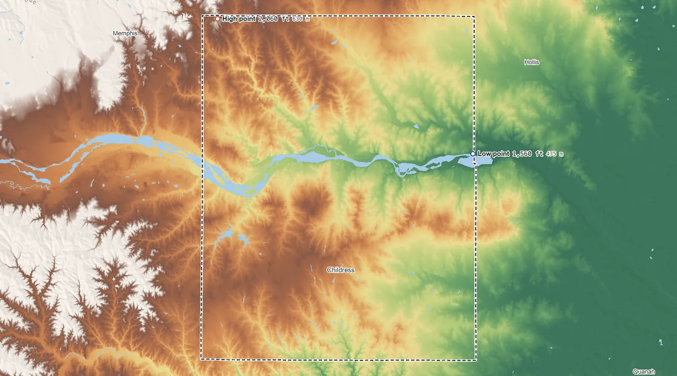 Topographic elevation map of Childress County, Texas, shaded from 1,560 ft on the east side to 2,060 ft on the northwest side