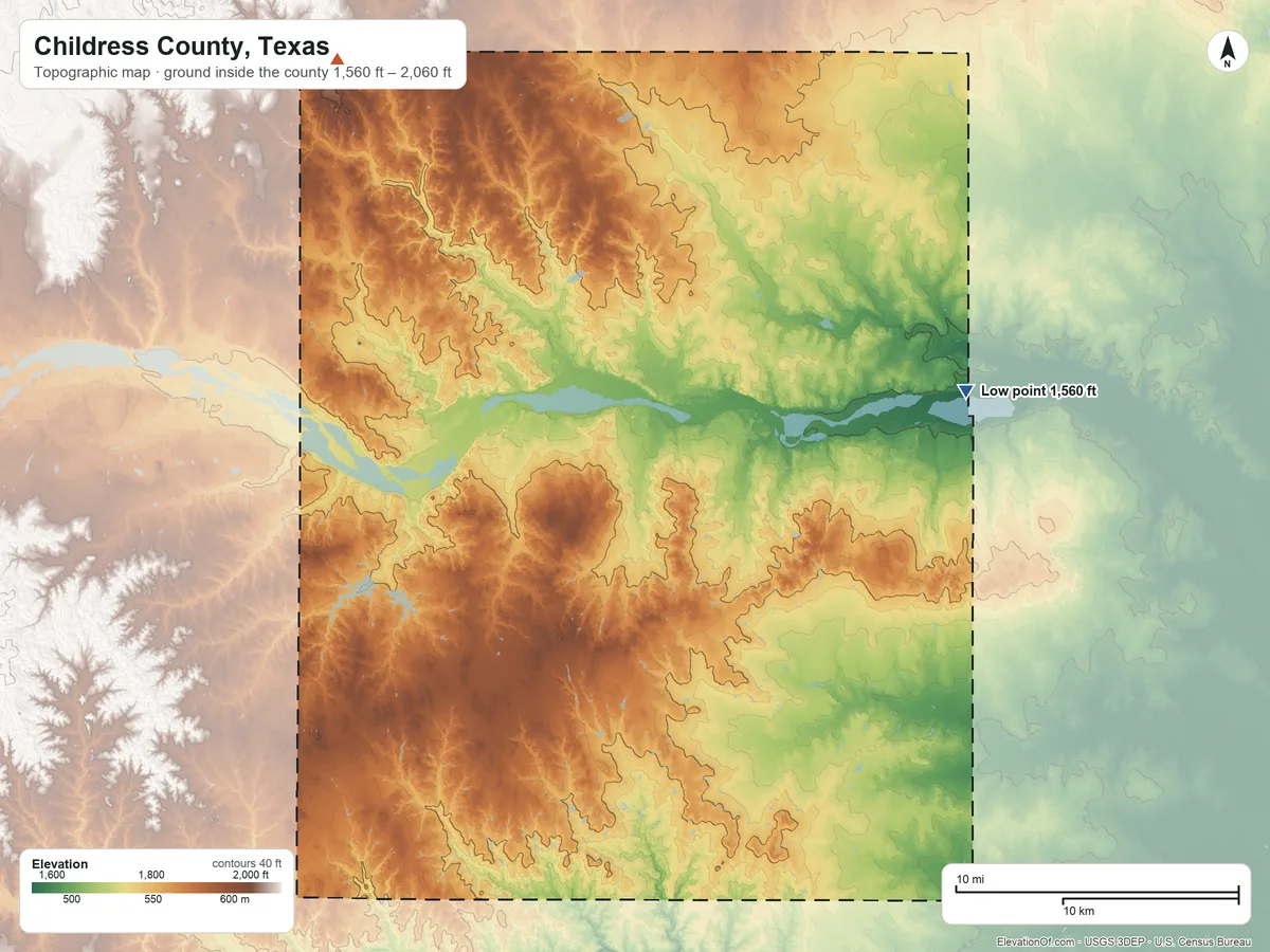 Topographic elevation map of Childress County, Texas, shaded from 1,560 ft on the east side to 2,060 ft on the northwest side