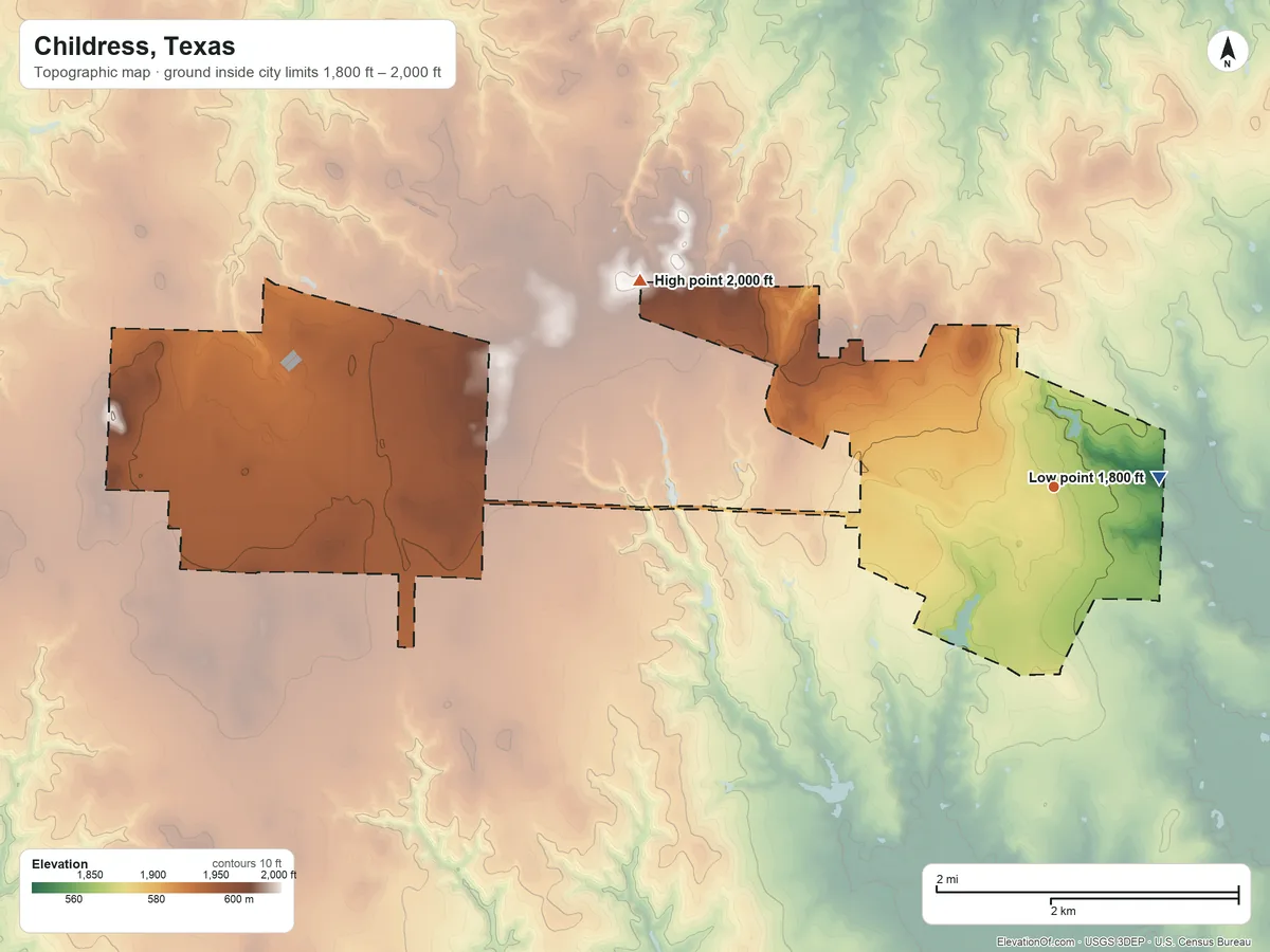Topographic elevation map of Childress, Texas, shaded from 1,800 ft near the middle to 2,000 ft on the northwest side