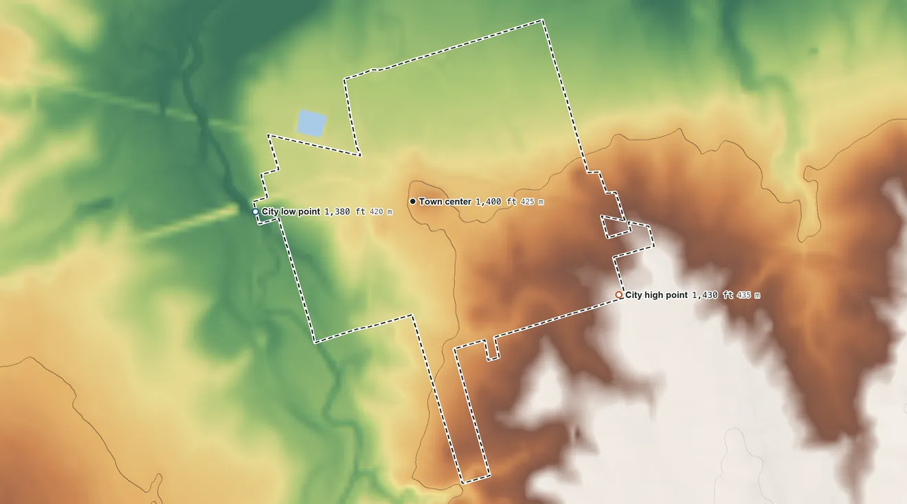 Topographic elevation map of Chillicothe, Texas, shaded from 1,380 ft on the west side to 1,430 ft on the southeast side