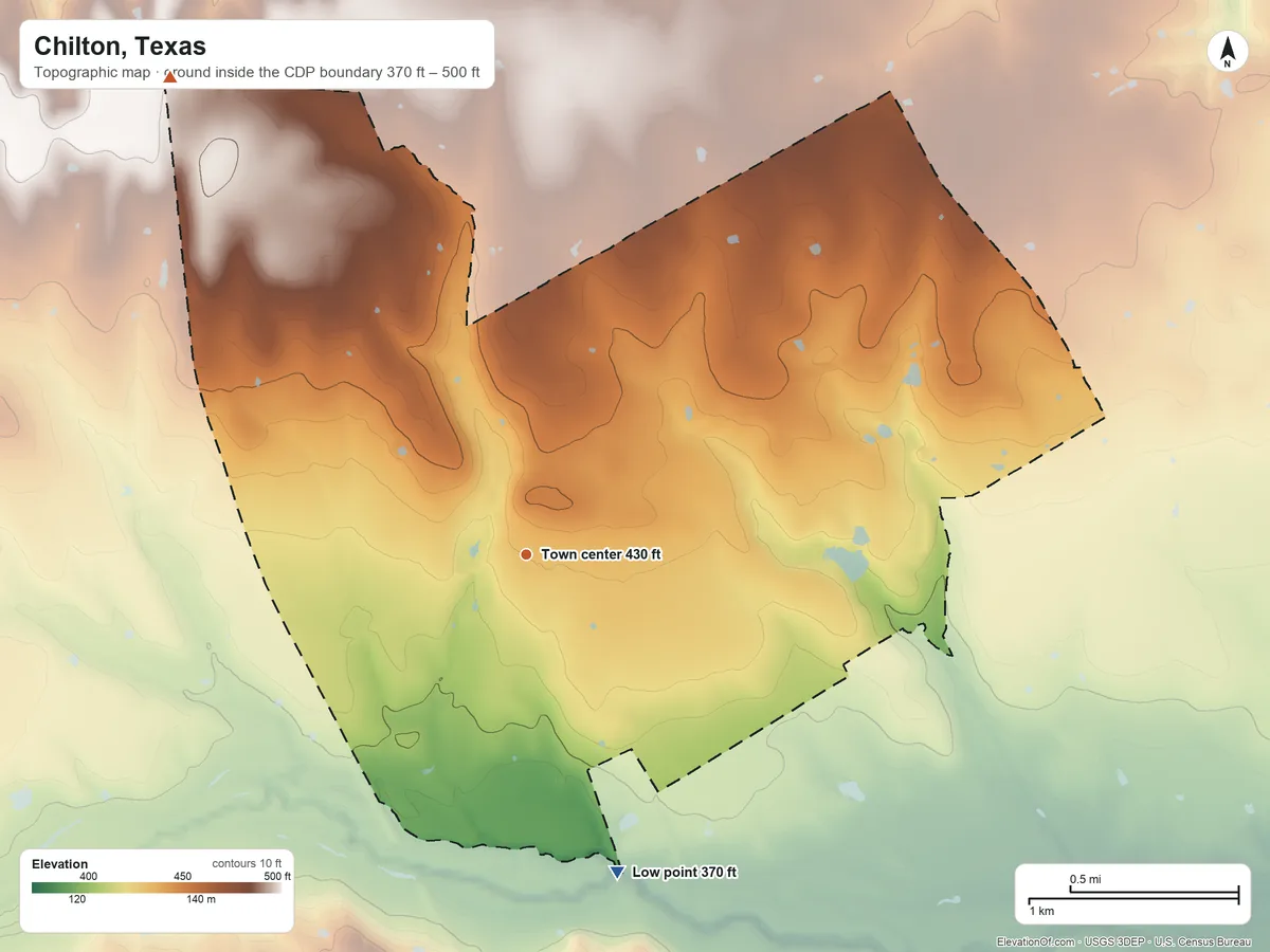 Topographic elevation map of Chilton, Texas, shaded from 370 ft on the south side to 500 ft on the northwest side