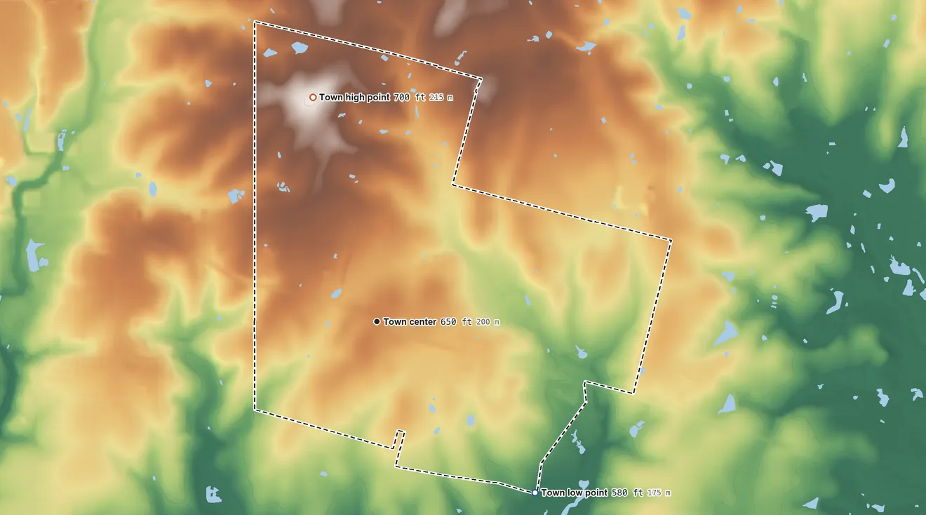 Topographic elevation map of China Grove, Texas, shaded from 580 ft on the southeast side to 700 ft on the north side