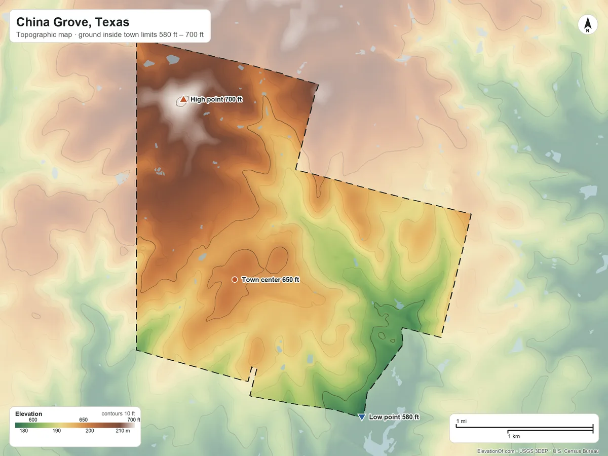 Topographic elevation map of China Grove, Texas, shaded from 580 ft on the southeast side to 700 ft on the north side