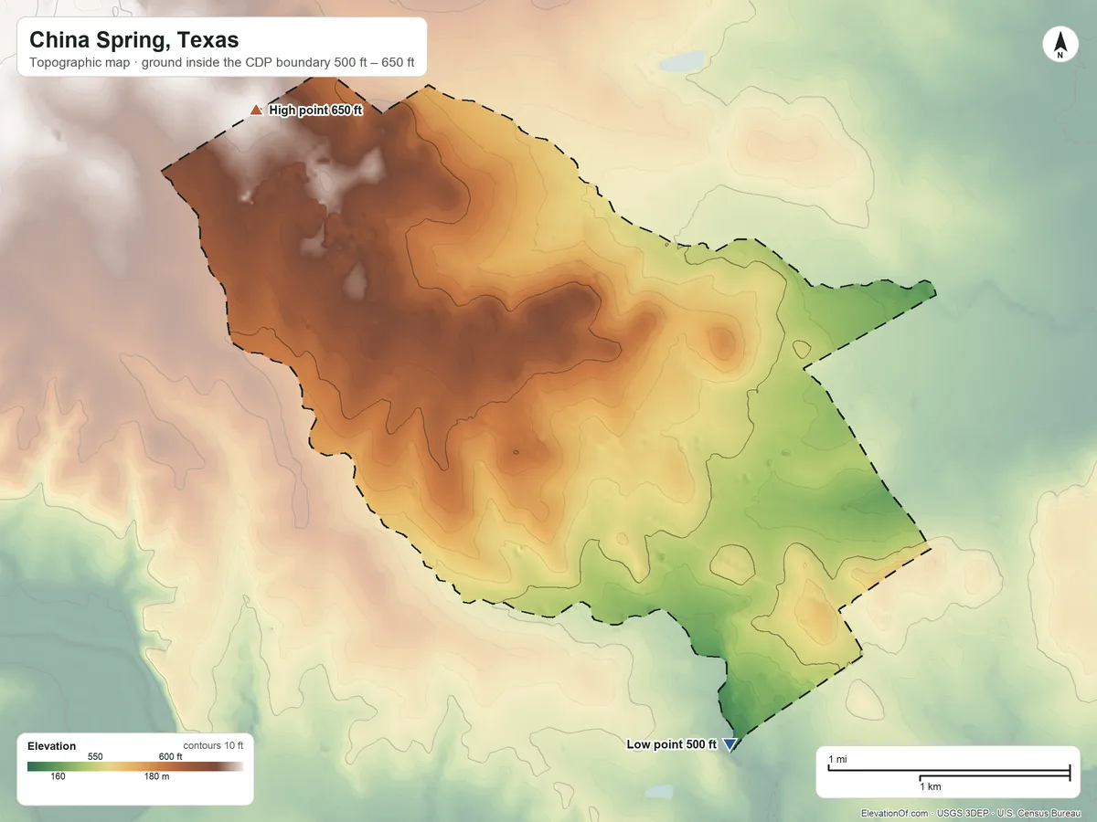Topographic elevation map of China Spring, Texas, shaded from 500 ft on the southeast side to 650 ft on the northwest side