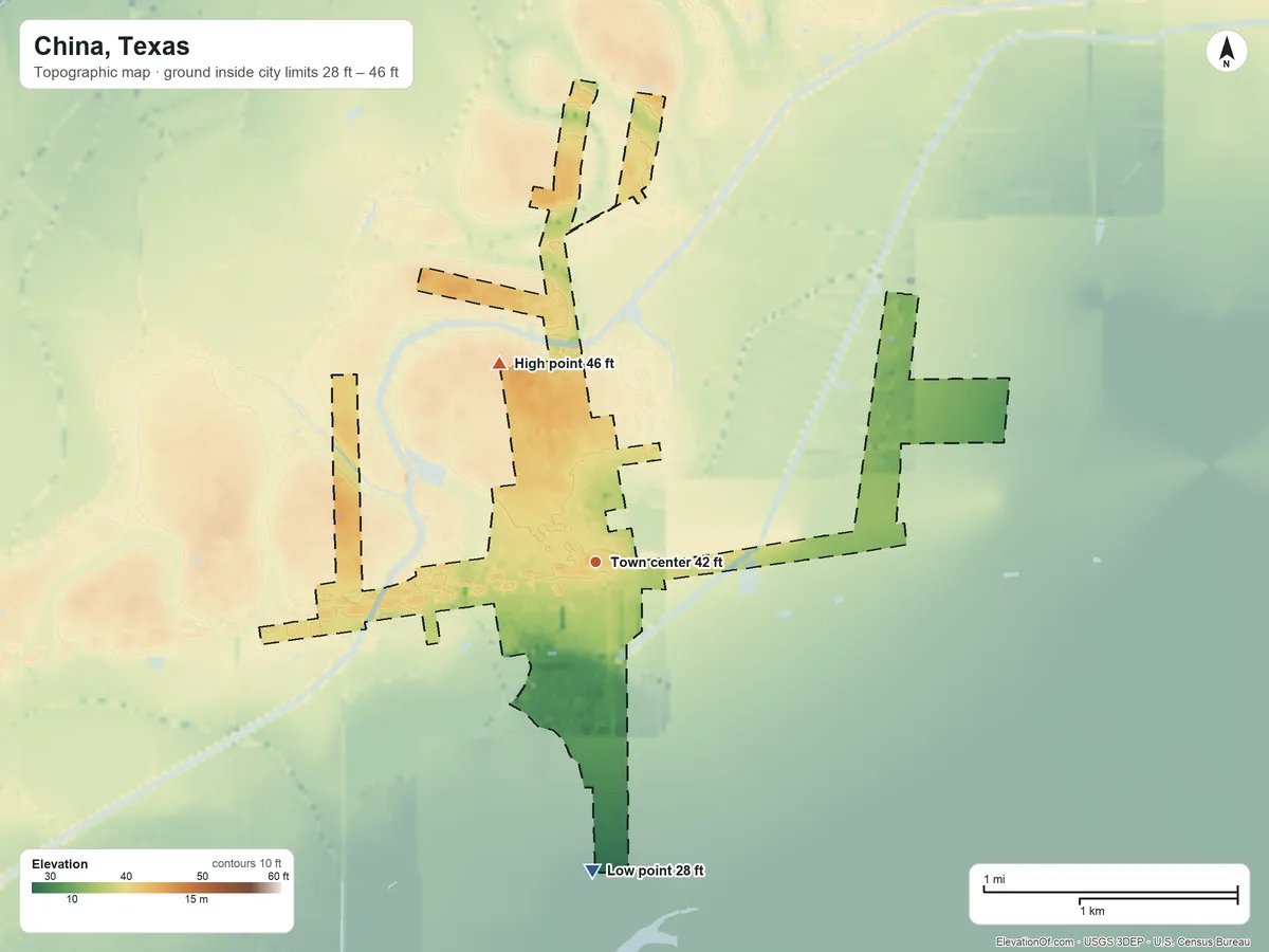 Topographic elevation map of China, Texas, shaded from 28 ft on the south side to 46 ft on the northwest side