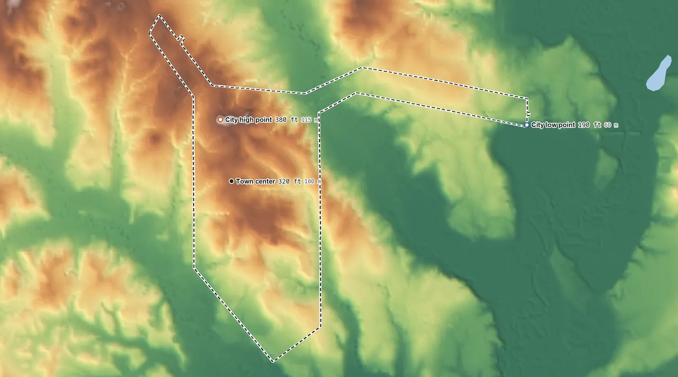 Topographic elevation map of Chireno, Texas, shaded from 190 ft on the east side to 380 ft on the north side