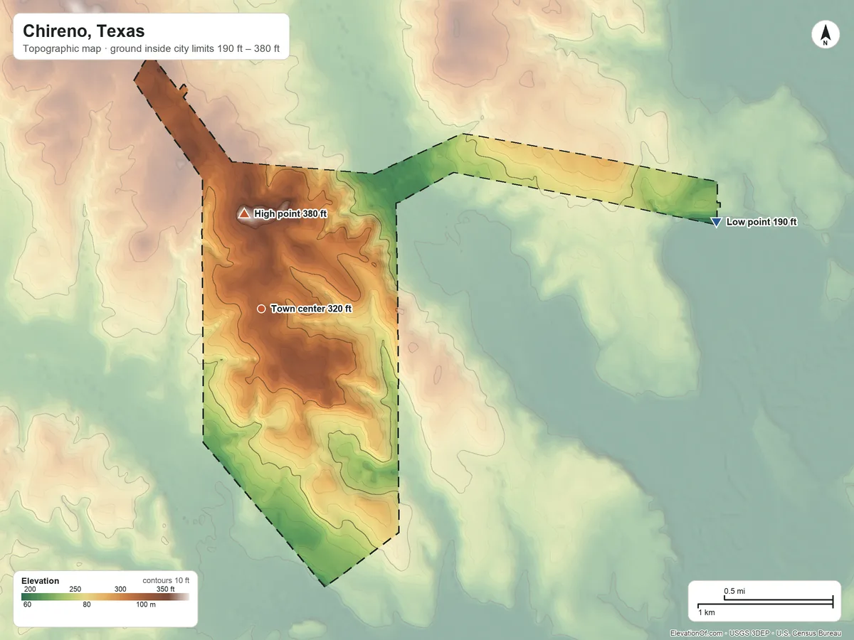Topographic elevation map of Chireno, Texas, shaded from 190 ft on the east side to 380 ft on the north side